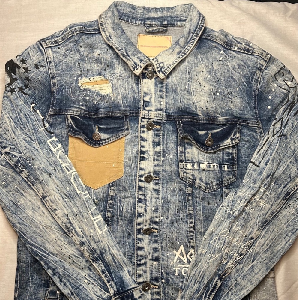 Smoke Rise Denim Jacket Mens L Blue Acid Wash Distressed Paint Splatter‎ Graphic - Picture 2 of 9